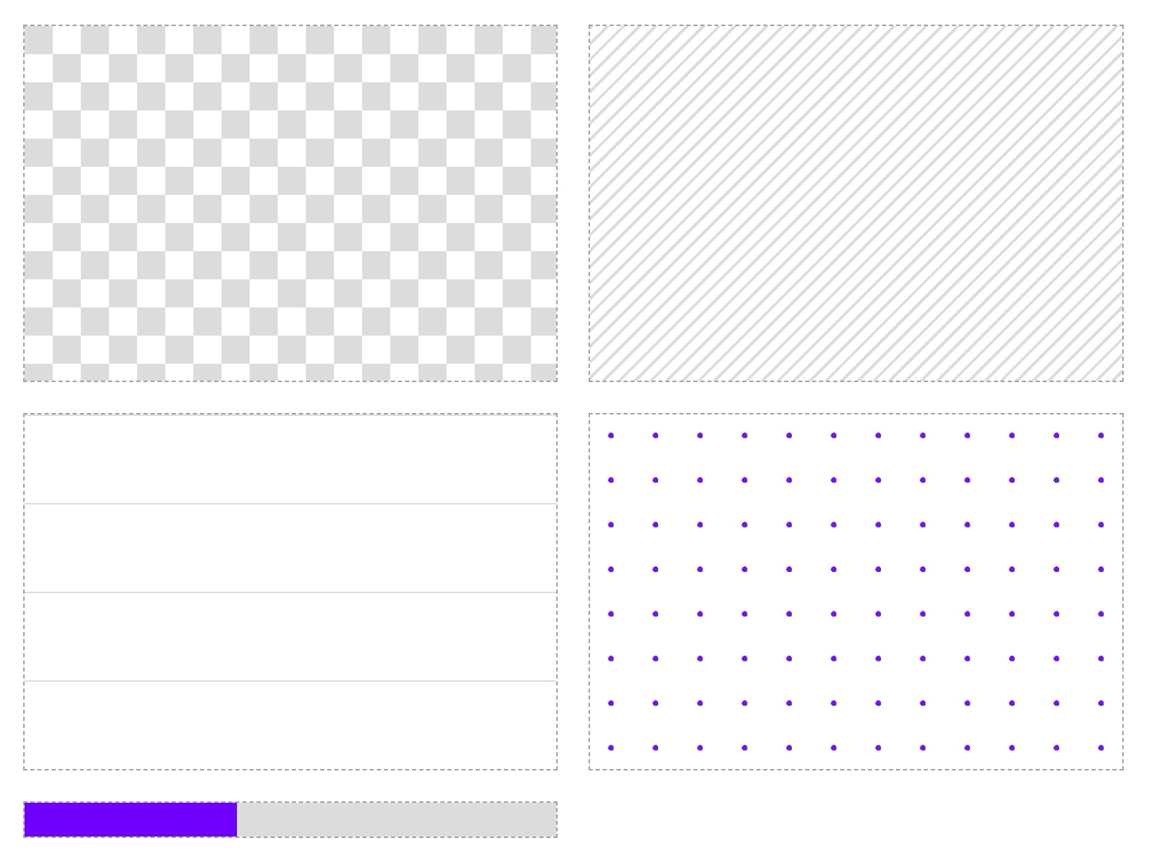 Typer af gradients: linear, radial, conic, repeating-linear, repeating-radial, repeating-conic.